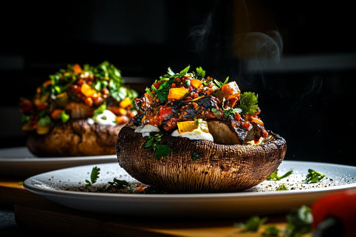 Chili-Stuffed Portobello Mushroom Boats on a plate