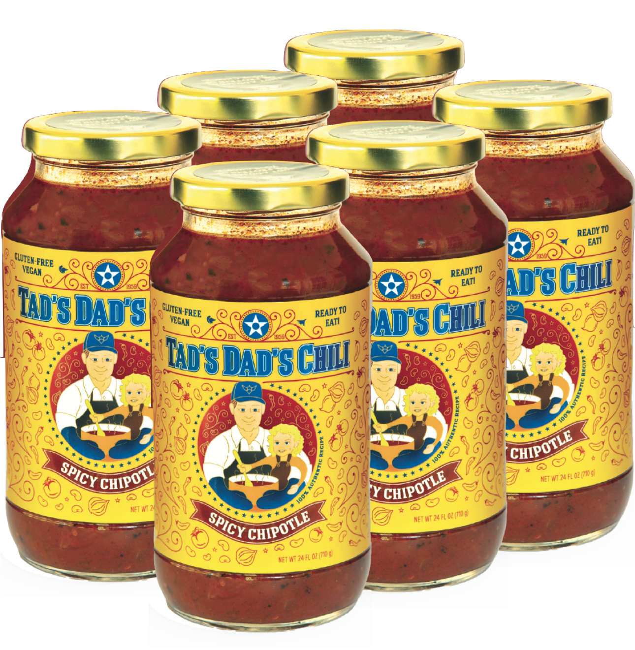 (6) 24oz Jars Tad's Dad's Chili - Spicy Chipotle