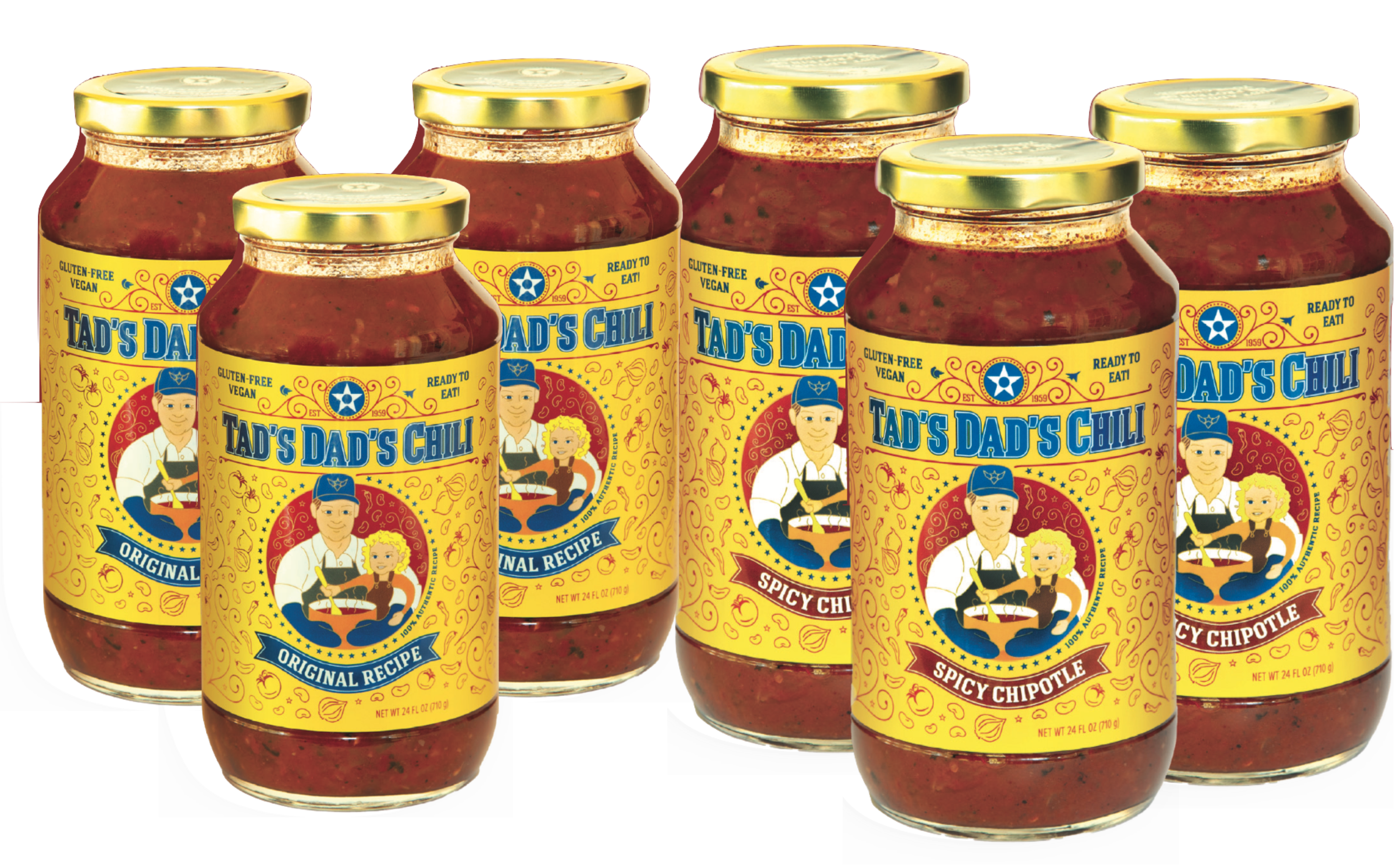 (6) 24oz Jars Tad's Dad's Chili - Variety Pack